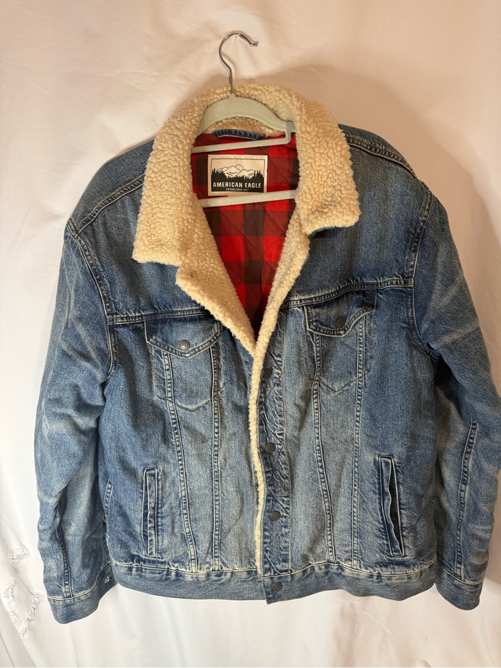 American Eagle Men XL Sherpa Lined Denim Jacket Buffalo Plaid Trucker Jean